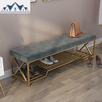 北欧玄关换鞋凳鞋店试衣间穿鞋椅皮革沙发长条金色铁艺休息储物凳 三维工匠收纳凳