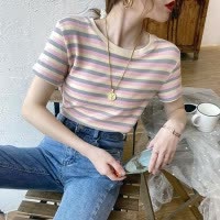 网红条纹短袖T恤女士2025年夏季新款女装修身上衣学生韩版打底衫