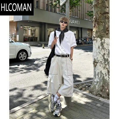 HLCOMAN美式复古街头大口袋工装牛仔短裤男女cleanfit阔腿宽松情侣七分裤