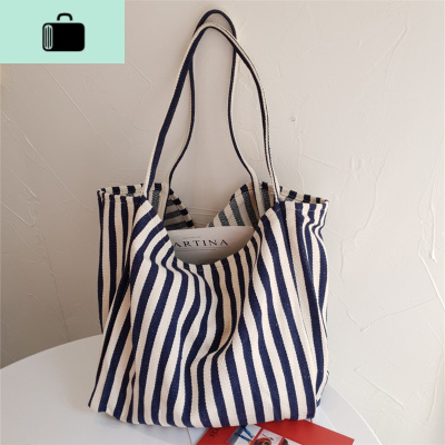 帆布包女简约大容量条纹单肩包日韩chic慵懒风文艺小清新购物袋大NEW LAKE女士单肩包