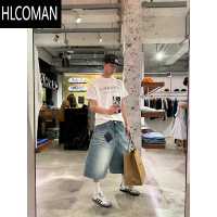 HLCOMAN美式高街水洗做旧牛仔短裤男女夏季复古浅蓝色廓形宽松直筒七分裤