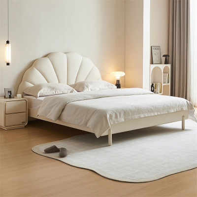 全友家居奶油风简约花瓣生态科技皮软包床屏双人床实木高脚卧室家具