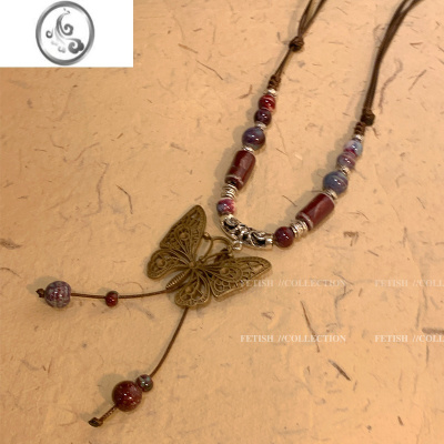 JiMi复古民族风陶瓷蝴蝶铃铛吊坠项链女2023年新款潮长款毛衣链配饰品