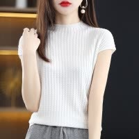 夏季新款半高领羊毛短袖女性感背心纯色宽松T恤上衣半袖打底