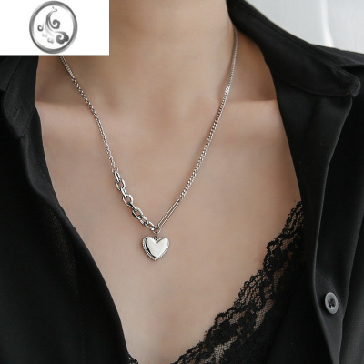 JiMi不掉色银色爱心不对称项链女百搭锁骨链吊坠小众2023新款毛衣链