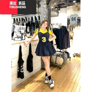 YIBUSHENG安妮不火 美式背带连衣裙蓬蓬裙女2024季新款微胖大码两件套装