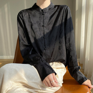 新中式国风立领衬衫女高级感醋酸缎面提花衬衣别致上衣打底