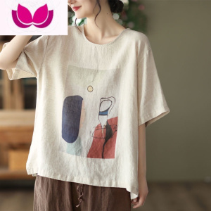 七斓捡漏特价~日系棉麻短袖T恤女夏宽松复古印花显瘦休闲亚麻苎麻上衣