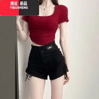 YIBUSHENG正肩红色方领短袖t恤女季2024新款修身短款性感甜辣妹上衣穿搭