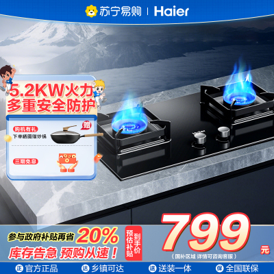 海尔(Haier)燃气灶天然气双灶 家用嵌入式台嵌两用 5.2kw猛火 63%一级能效 智能烟灶联动Q2BE58