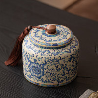 兮元记青花汝窑茶叶罐精品高档高级感家用绿茶陶瓷防潮罐中式密封储存罐 繁花米黄汝窑直身茶叶罐