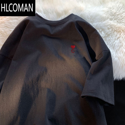 HLCOMAN刺绣短袖T恤男美式潮牌ins宽松体恤情侣爱心绣花夏季上衣