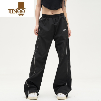 YANXU耶啵耶啵美式复古黑色工装裤男夏季休闲阔腿直筒冲锋伞兵运动裤子