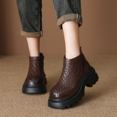 头层牛皮厚底短靴女秋冬新款真皮复古编织靴子休闲高帮鞋单靴