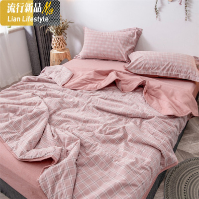 红色条纹水洗棉夏凉被四件套家用单双人床可机洗夏季薄被子春秋被 三维工匠