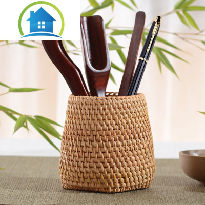 三维工匠藤编办公室桌面铅笔收纳筒笔筒女简约创意化妆刷梳子大学生小清新