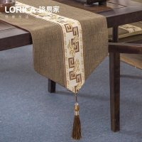 新中式桌旗禅意刺绣棉麻茶旗餐桌垫长条桌布艺现代简约电视柜 云中君-深卡其 33*160cm(适用桌长1.1米-1.2米)
