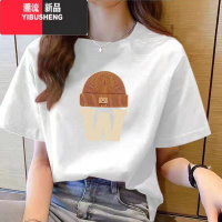 YIBUSHENG短袖t恤女2024年季新款宽松百搭圆领印花上衣T恤