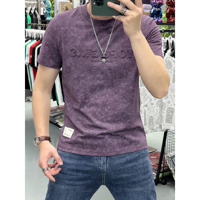 夏季新款设计感短袖T恤男凹凸钢印字母扎染半袖ins男生修身打底衫