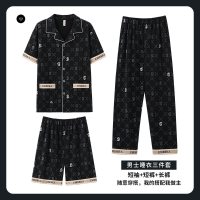 新款男士睡衣夏季短袖短裤高级感开衫家居服套装三件套长裤可外穿