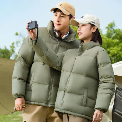 冬季新款羽绒服男时尚休闲立领白鸭绒男女同款情侣纯色面包服外套