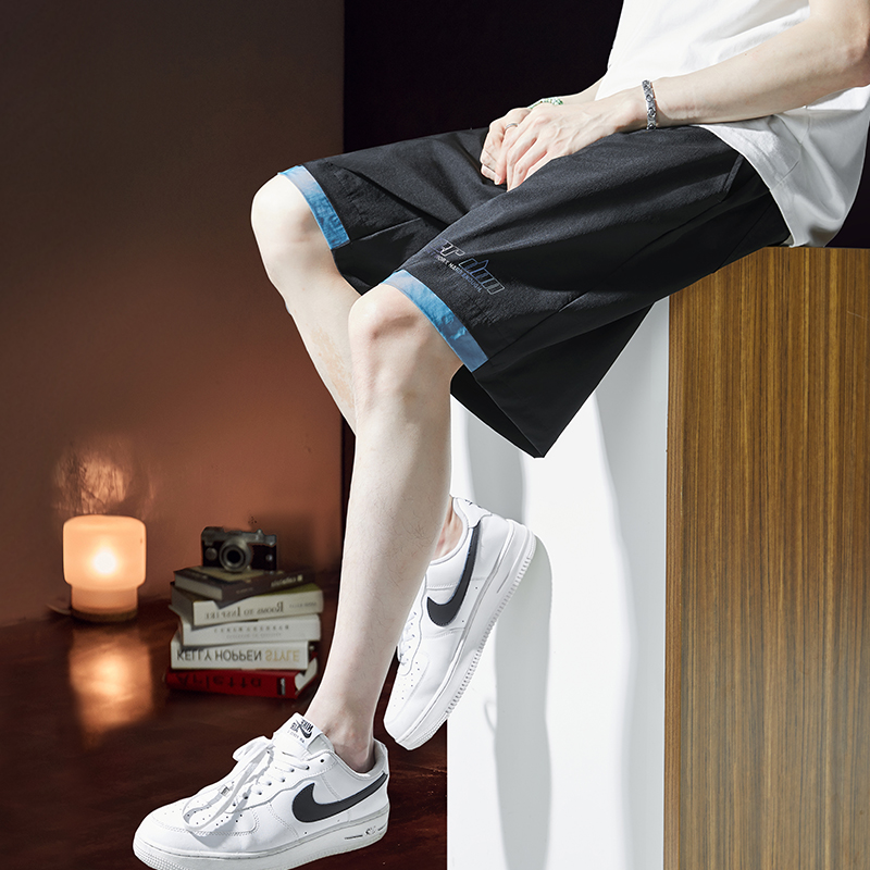 [2.5折价50元]唐狮春夏新款休闲短裤男潮牌工装裤黑色显瘦五分裤宽松中裤