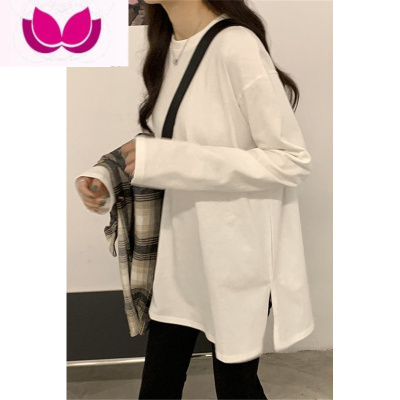 七斓白色内搭打底衫长袖t恤女早叠穿宽松中长款遮屁股开叉上衣夏