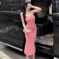 纯欲风吊带连衣裙女新款蓝色修身显瘦开叉裙子辣妹无袖包臀中长裙