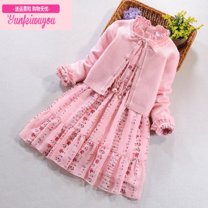 七斓女童连衣裙秋冬季新年装衣服儿童公主裙小女孩洋气春节裙子套装