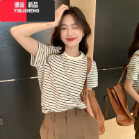 YIBUSHENG条纹T恤女04新款簿款宽松圆领打底衫休闲包肩短袖冰丝上衣