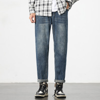 潮牌复古风牛仔裤 男款宽松直筒锥形裤 春季水洗卷边男士长裤