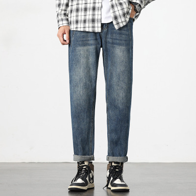 潮牌复古风牛仔裤男款宽松直筒锥形裤春季水洗卷边男士长裤