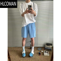 HLCOMAN夏季新款奶蓝色4分短裤男透气多巴胺穿搭冰丝速干裤子美式运动裤