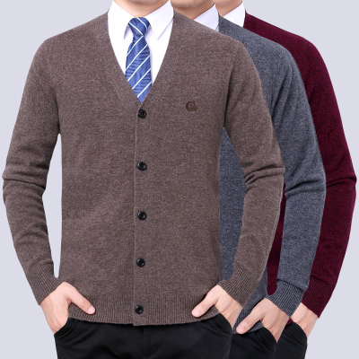 免费试穿 高端山羊绒春秋山羊绒衫男V领扣子开衫厚毛衣纯色外套中老年EERDS高端羊绒