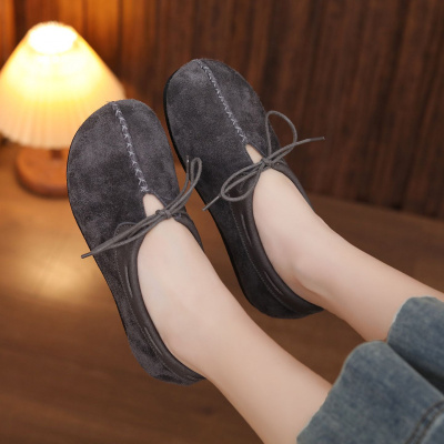 头层牛皮2026春季新款复古磨砂皮平底透气串绳一脚蹬软底森系单鞋