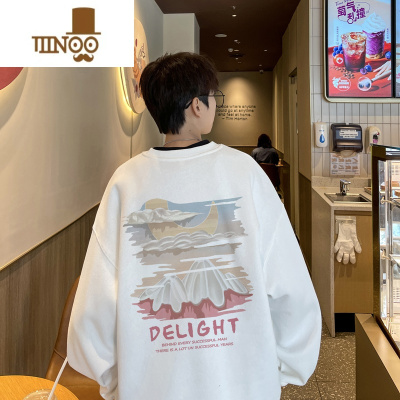 YANXUoversize美式复古雪山印花卫衣男款大码长袖t恤潮牌外套