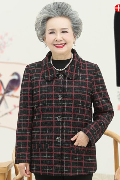 迪鲁奥(DILUAO)中老年女秋装开衫上衣外套妈妈装春秋洋气短款格子长袖外衣奶奶衣服
