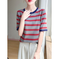 夏季新款圆领条纹短袖T恤衫女宽松薄款拼色内搭上衣套头