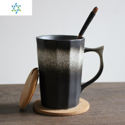 日式创意复古带盖勺陶瓷马克杯磨砂咖啡杯情侣茶杯元旦定制礼品三维工匠