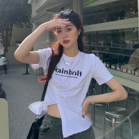 美式辣妹开叉短袖T恤女夏季含棉正肩打底衫女士性感短款上衣女装