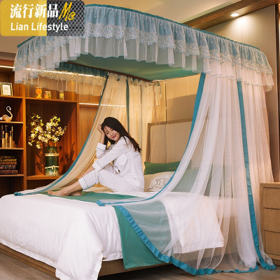 导轨蚊帐家用1.8m床1.5m床1.2米加密加厚免装支架宫廷公主u型纹账 三维工匠