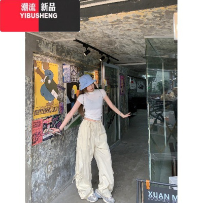 YIBUSHENG随意出街~降落伞抽绳工装裤女辣妹蝴蝶结休闲裤阔腿裤长裤