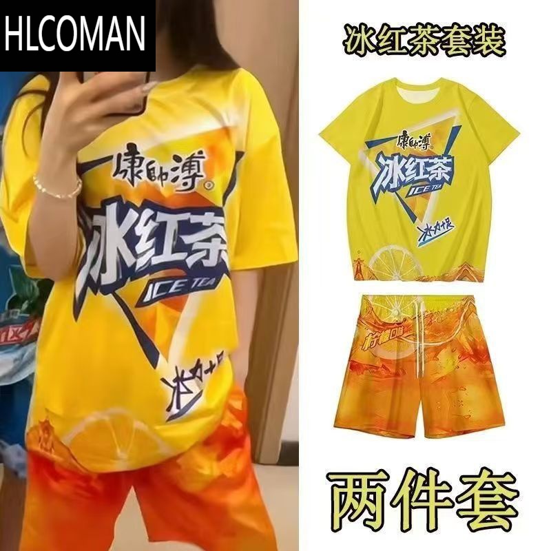 HLCOMAN夏季冰红茶衣服套装抽象搞怪T恤短袖裤男女印花潮流情侣学生衣服