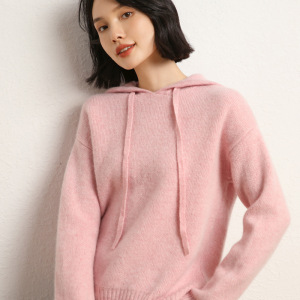 秋冬新款连帽山羊绒衫女加厚针织毛衣宽松休闲套头羊绒卫衣外穿