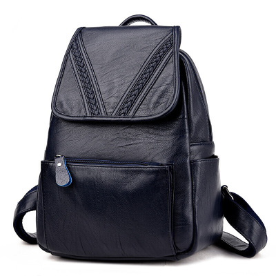 双肩包妈妈包女大容量中老年人防盗书包中年女士皮旅行背包-定制深蓝色深蓝色