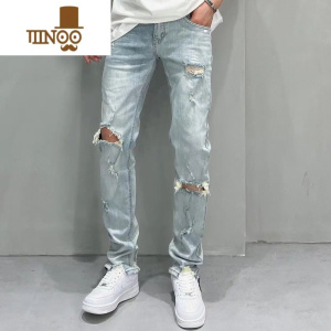 YANXU高端牛仔裤男破洞2022夏季新款韩版修身小脚时尚百搭微弹牛仔长裤