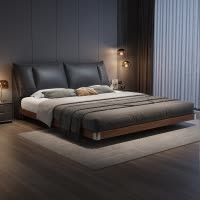 意式真皮床轻奢现代简约双人床主卧室带灯满铺榫卯悬浮床软包婚床