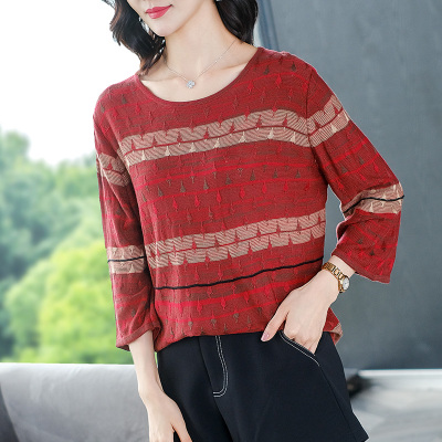 恋名媛中年妈妈装春秋七分袖针织毛衣大码遮肚宽松遮肚上衣薄条纹t恤女大码女装