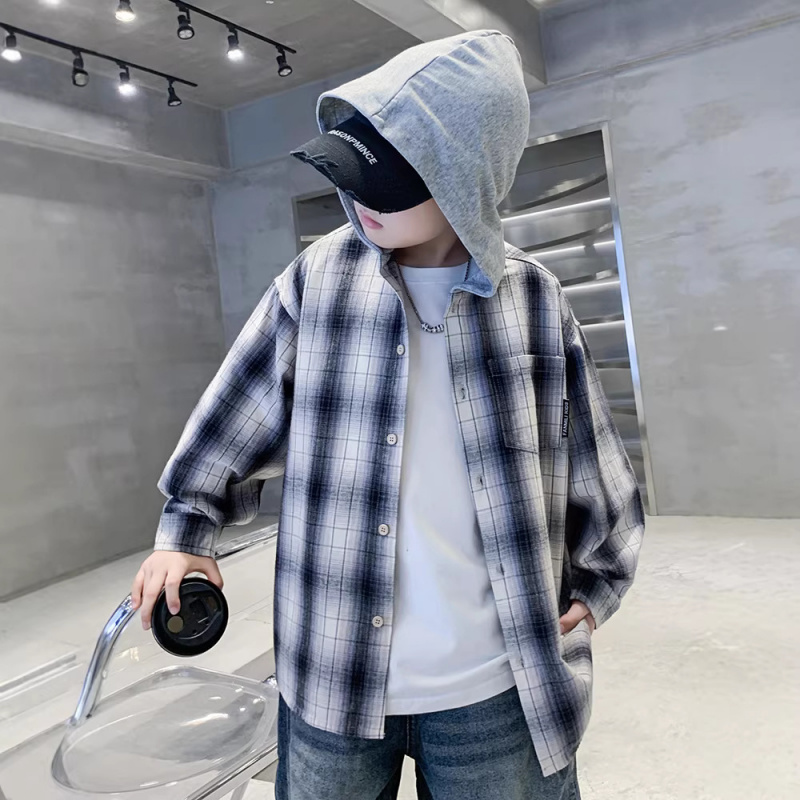 男童格子连帽外套春秋款2026新款儿童衬衫纯棉男孩上衣春装宽松潮