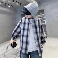 男童格子连帽外套春秋款2026新款儿童衬衫纯棉男孩上衣春装宽松潮